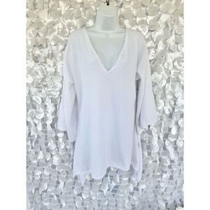 Giocam Womens White Medium BOHO Crochet Dress V Neck Beach Cover Hi Low